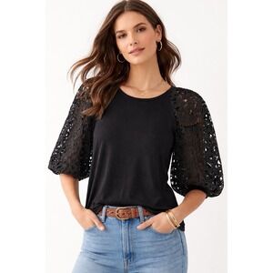 Dolan Black Lace Medium‎ Puff Sleeve Knit Top Anthropologie Women's